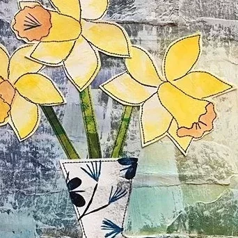 Spring on my Windowsill, Acrylic paint, collage and stitch on paper