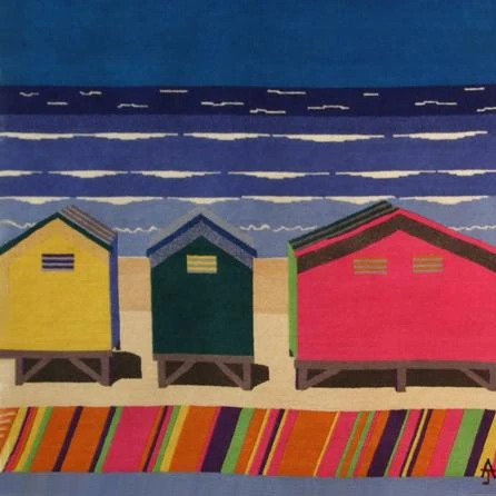 Beach Huts, Hand dyed, hand spun, hand woven wool and silk carpet